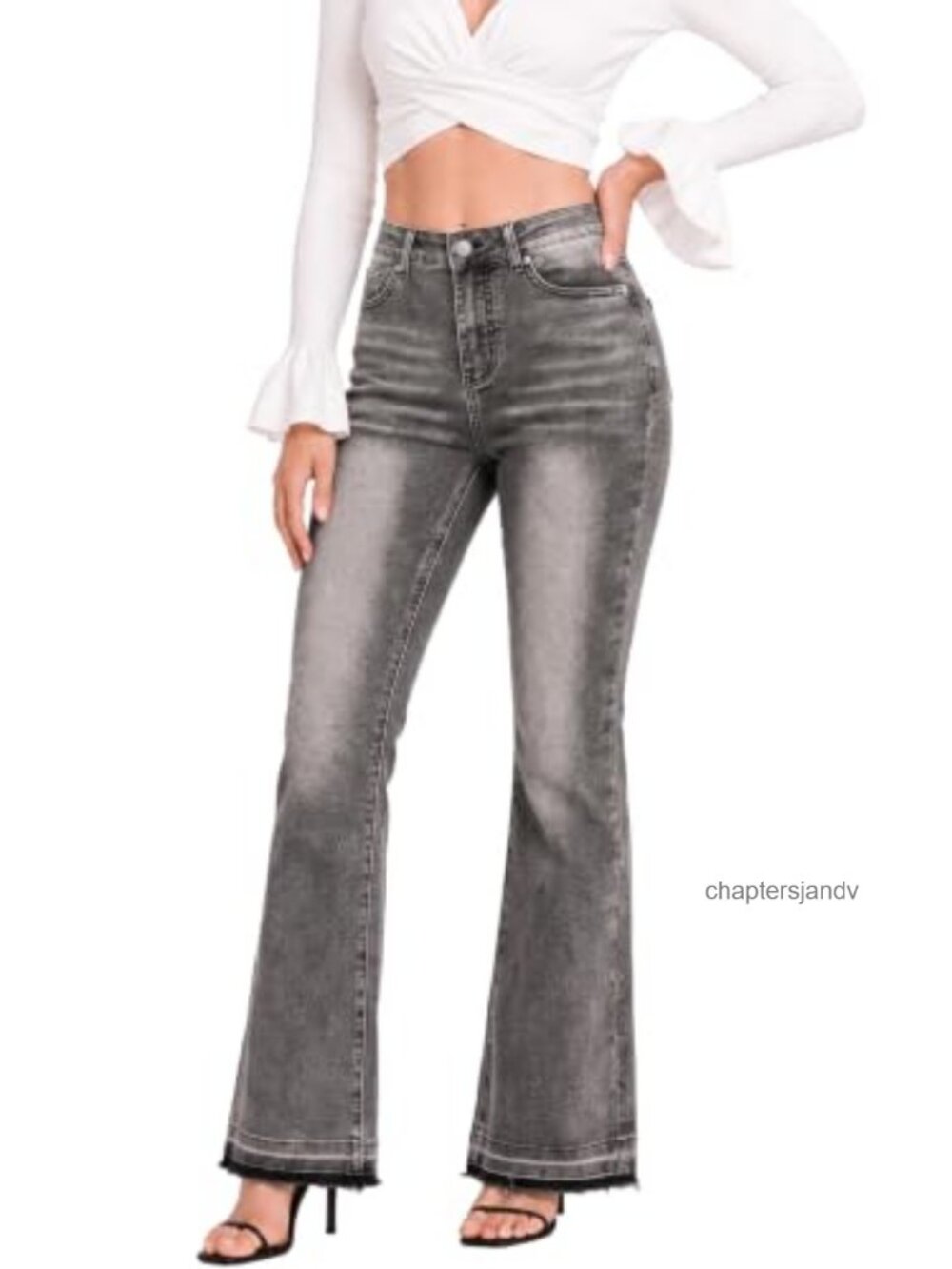 High Waisted Flare Jeans Raw Hem Stretch Denim Pants